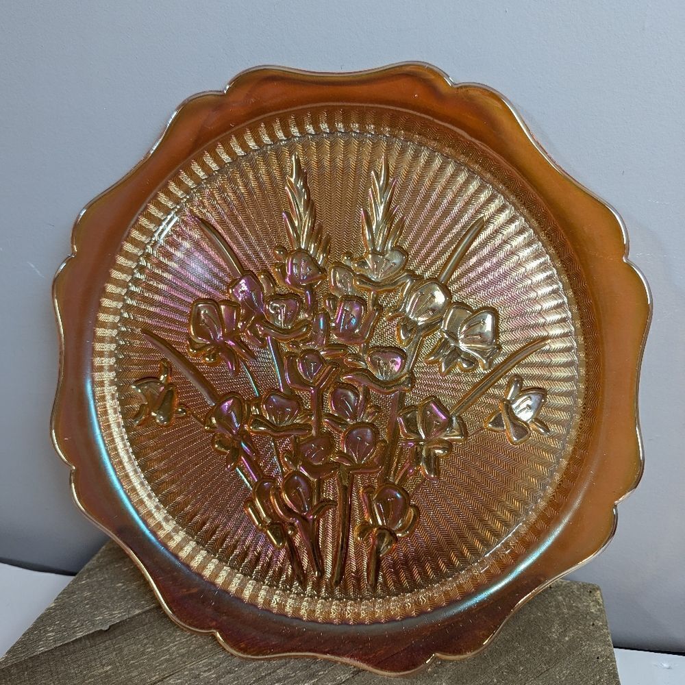 Vintage marigold iridescent peach carnival glass 12" serving dish, iris & herrin